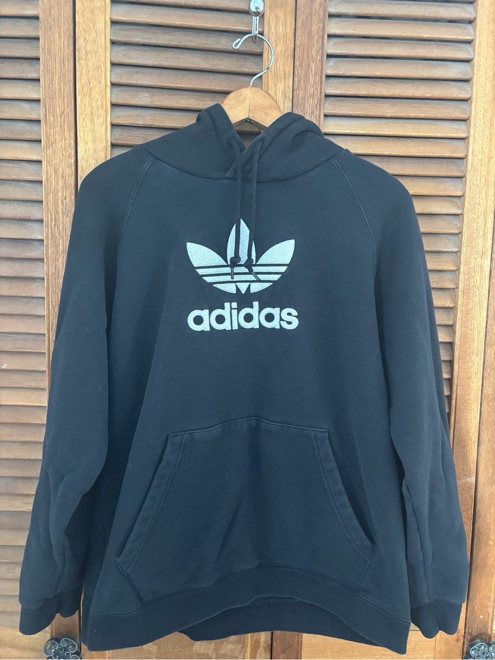 adidas Black Crewneck Hoodie with Trefoil Logo. Raised logo. 100% cotton. Large.